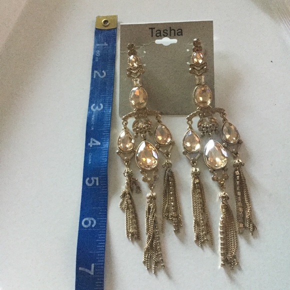 TASHA LONG GOLD CRYSTAL CHANDELIER EARRINGS 5.75” GORGEOUS NWT - Picture 2 of 6